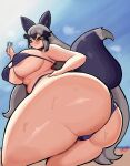 absurd_res animal_humanoid areola big_breasts big_butt bikini biped breasts butt canid canid_humanoid canine canine_humanoid clothing dipstick_tail female hi_res huge_butt humanoid looking_at_viewer looking_back mammal mammal_humanoid markings sath15 solo swimwear tail tail_markings thick_thighs