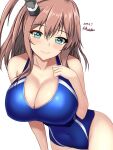  1girl blue_eyes blue_one-piece_swimsuit blush breasts brown_hair cleavage competition_swimsuit covered_navel cowboy_shot dated hair_between_eyes high_side_ponytail highleg highleg_swimsuit highres impossible_clothes impossible_swimsuit kantai_collection large_breasts long_hair looking_at_viewer montemasa multicolored_clothes multicolored_swimsuit one-hour_drawing_challenge one-piece_swimsuit ponytail saratoga_(kancolle) side_ponytail simple_background smile smokestack smokestack_hair_ornament solo swimsuit twitter_username two-tone_swimsuit white_background 