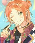  1boy aoi_yuta black_choker blush chinese_clothes choker closed_mouth collared_jacket ensemble_stars! food green_eyes half_updo hand_up holding holding_food holding_popsicle jacket kuzuvine licking_lips looking_to_the_side male_focus medium_hair one_eye_closed orange_hair parted_bangs popsicle portrait smile solo tongue tongue_out 