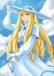  1girl big_hair blonde_hair blue_eyes capelet closed_umbrella cloud cloudy_sky day dress drill_hair frills gloves gundam hat highres kakato kihel_heim long_hair long_sleeves looking_at_viewer outdoors sash sky smile solo turn_a_gundam umbrella victorian white_dress 