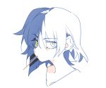  1girl asymmetrical_hair blue_hair bocchi_the_rock! commentary earrings hair_ornament hairclip hashtag-only_commentary highres jewelry looking_at_viewer molu_stranger mouth_hold portrait short_hair simple_background solo stalk_in_mouth stud_earrings white_background yamada_ryo yellow_eyes 
