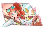  1girl closed_mouth coat eyelashes eyewear_on_head ffccll green_eyes hair_ornament heart heart_hair_ornament highres long_sleeves looking_at_viewer official_alternate_color orange_hair pokemon pokemon_(creature) pokemon_masters_ex seatbelt side_ponytail smile sonia_(pokemon) steering_wheel upper_body white_coat yamper 