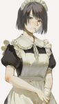  1girl apron bandaged_arm bandages bandaid bandaid_on_arm bandaid_on_cheek bandaid_on_face bandaid_on_hand bangs black_hair bob_cut closed_mouth expressionless frilled_apron frilled_shirt_collar frills grey_background hair_intakes hand_on_own_wrist head_tilt highres kagari_(kgr_000) looking_at_viewer looking_to_the_side maid maid_apron maid_headdress mole mole_under_mouth neck_ribbon original puffy_short_sleeves puffy_sleeves purple_eyes ribbon short_hair short_sleeves simple_background solo standing swept_bangs white_apron white_ribbon 