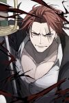  1boy 2409walker closed_mouth commentary_request facial_hair holding holding_sword holding_weapon male_focus one_piece red_hair scar scar_across_eye scar_on_face shanks_(one_piece) shirt short_hair smile solo sword weapon white_shirt 
