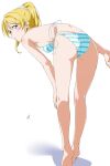  1girl absurdres aqua_bikini ass ayase_eli barefoot bikini blonde_hair blue_eyes commentary full_body highres leaning_forward long_hair looking_at_viewer looking_back love_live! love_live!_school_idol_project nagi_mkrnpn ponytail side-tie_bikini_bottom simple_background solo striped_bikini striped_clothes swimsuit white_background 