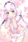  1girl :o azumi_kazuki bangs black_bow black_hairband blue_eyes blurry blurry_foreground blush bow capelet commentary_request depth_of_field dress eyebrows_visible_through_hair frilled_capelet frilled_dress frills hairband hands_on_own_face hands_up highres kanna_kamui kobayashi-san_chi_no_maidragon long_hair long_sleeves low_twintails parted_lips pink_dress pink_hair puffy_long_sleeves puffy_sleeves solo thighhighs twintails very_long_hair white_capelet white_hair white_legwear 