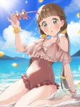  1girl :o absurdres birthday blue_sky blush brown_hair cloud cloudy_sky collarbone commentary green_eyes highres holding holding_removed_eyewear kyaku_tasu long_hair looking_at_viewer love_live! love_live!_superstar!! low_twintails one-piece_swimsuit rainbow sakurakoji_kinako signature sky solo star-shaped_eyewear star_(symbol) sunglasses sunlight swimsuit twintails unworn_eyewear 