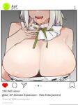  1girl arknights armpit_crease bare_shoulders breasts cleavage detached_collar dress english_text fake_phone_screenshot fake_screenshot fangs finger_to_face hand_on_own_chest heart instagram jujutsu_kaisen kal&#039;tsit_(arknights) large_breasts lowres nuggetkouhai open_mouth parody selfie short_hair sidelocks sleeveless sleeveless_dress solo sweat white_dress white_hair 