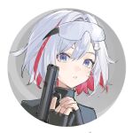  1girl black_suit blue_eyes blush colored_inner_hair diamond-shaped_pupils diamond_(shape) finger_on_trigger fingerless_gloves gloves goggles goggles_on_head gun hair_between_eyes hair_ornament highres holding holding_gun holding_weapon honkai:_star_rail honkai_(series) looking_at_viewer mecroty medium_hair multicolored_eyes multicolored_hair parted_lips portrait red_hair simple_background suit symbol-shaped_pupils topaz_(honkai:_star_rail) weapon white_hair 