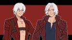  belt_bra bishounen blue_eyes closed_mouth coat dante_(devil_may_cry) devil_may_cry_(series) devil_may_cry_3 devil_may_cry_5 gloves hair_between_eyes highres looking_at_viewer lucistomato male_focus red_coat simple_background smile white_hair 