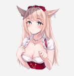  1girl :&lt; animal_ear_fluff animal_ears antenna_hair avatar_(ffxiv) blonde_hair blush breasts cat_ears cleavage closed_mouth collarbone cropped_torso ear_piercing facial_mark final_fantasy final_fantasy_xiv green_eyes hand_on_own_chest highres jewelry long_hair looking_at_viewer medium_breasts miqo&#039;te navel necklace piercing shirt short_sleeves simple_background solo soybean_(hisoybean) underbust white_background white_shirt 