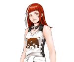  1girl brown_eyes clothes_around_waist collar facial_mark grin highres irene_(troubleshooter) jacket jacket_around_waist long_hair looking_at_viewer multicolored_hair official_art print_shirt red_hair red_panda shirt simple_background smile solo spiked_collar spikes star_(symbol) star_facial_mark streaked_hair troubleshooter:_abandoned_children upper_body white_background white_shirt 