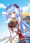  1girl absurdres ahoge amaneko_(amaneko_y) armpits arms_behind_head arms_up bangs bell blue_hair breasts chinese_knot cowboy_shot curled_horns detached_sleeves ganyu_(genshin_impact) genshin_impact gold_trim highres horns long_hair looking_at_viewer medium_breasts multicolored_eyes neck_bell outdoors sidelocks solo thighlet very_long_hair vision_(genshin_impact) white_sleeves 