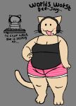 2024 3_toes 4_fingers :3 anthro barefoot beady_eyes belly belly_overhang black_clothing black_eyes black_shirt black_topwear blush blush_lines bottomwear breasts cassi_cat_(cassicat) cassicat cleavage clothed clothing digital_media_(artwork) digitigrade disc_jockey domestic_cat electronics english_text feet felid feline felis female fingers full-length_portrait fully_clothed fur grey_background hand_on_hip headphones mammal markings medium_breasts mole_(marking) open_:3 open_mouth overweight overweight_anthro overweight_female pattern_bottomwear pattern_clothing pattern_shorts pink_bottomwear pink_clothing pink_shorts portrait shirt shorts simple_background solo standing striped_bottomwear striped_clothing striped_shorts stripes tail tan_body tan_fur text three-quarter_view toes topwear trans_(lore) trans_woman_(lore) whiskers