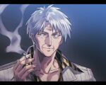  1boy akagi_shigeru animal_print cigarette closed_mouth collared_shirt commentary_request fukumoto_mahjong grey_hair grey_jacket holding holding_cigarette jacket letterboxed looking_to_the_side male_focus medium_bangs old old_man print_shirt red_eyes shirt short_hair smile smoke smoking solo striped_clothes striped_jacket taki_(nakochan) ten_(manga) tiger_print upper_body vertical-striped_clothes vertical-striped_jacket wrinkled_skin 