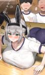  1girl 2boys absurdres animal_ears ass blood blush breasts cleavage closed_mouth commentary embarrassed exercise faceless faceless_male fake_animal_ears full-face_blush green_eyes grey_hair gym_shirt gym_shorts hairband heart highres hololive huge_breasts inconvenient_breasts kuse_(0201) lying multiple_boys nosebleed on_stomach push-ups rabbit_ears see-through_shirt shirogane_noel shirt short_hair short_ponytail shorts spoken_heart spoken_squiggle spoken_sweatdrop squiggle struggling sweat sweatdrop translated trembling virtual_youtuber wet wet_clothes wet_shirt white_shirt 