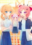  3girls :d absurdres ahoge ankle_socks black_horns blonde_hair blue_eyes blue_shorts blunt_bangs blurry blurry_background blush bow buttons clenched_hand closed_mouth collared_shirt commentary_request crossed_arms demon_horns fang fudeshima_shigure gradient_eyes gym gym_uniform hair_bow hair_ornament hairclip hand_on_own_hip hand_to_own_mouth highres horns jacket long_hair looking_at_another low_twintails medium_hair motosu_towa multicolored_clothes multicolored_eyes multicolored_jacket multiple_girls niizuma_yae open_clothes open_jacket open_mouth parted_lips pink_eyes pink_hair purple_eyes purple_hair shirt shirt_tucked_in short_sleeves shorts sidelocks smile socks star_(symbol) star_hair_ornament swept_bangs track_jacket twintails twitter_username two_side_up v-shaped_eyebrows watermark white_footwear white_shirt white_socks wing_hair_ornament world_dai_star yazu82 