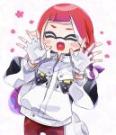  1girl arms_up blush closed_eyes colored_tips commentary fangs fingerless_gloves flower gloves highres inkling inkling_girl inkling_player_character jacket long_hair multicolored_hair open_mouth pants pointy_ears psya_ma purple_hair red_hair red_pants simple_background skin_fangs smile solo splatoon_(series) symbol-only_commentary tentacle_hair two-tone_hair white_background white_gloves white_jacket 