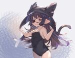  1girl animal_ear_fluff bare_arms bare_shoulders black_hair black_headwear black_swimsuit breasts closed_mouth collarbone commentary_request covered_navel ears_through_headwear eyepatch granblue_fantasy grey_background harvin kemonomimi_mode long_hair lunalu_(granblue_fantasy) one-piece_swimsuit pointy_ears purple_eyes simple_background small_breasts solo swimsuit tail tota_(sizukurubiks) very_long_hair wavy_mouth 