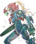  1girl blonde_hair blue_bodysuit blue_eyes bodysuit metroid metroid_dread nakayama_tooru ponytail power_armor samus_aran simple_background solo transforming_clothes white_background zero_suit 