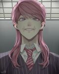  1boy absurdres aqua_eyes backlighting ceiling collared_shirt ear_piercing eoseo_cm from_below highres looking_at_viewer male_focus necktie parted_lips piercing pink_hair pink_necktie portrait purple_vest sanzu_haruchiyo scar scar_on_face shirt solo teeth tokyo_revengers vest white_shirt wolf_cut 