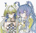  2girls ;p arknights bare_shoulders blonde_hair blue_eyes blue_hair blue_horns chinese_commentary closed_mouth commentary_request dragon_girl dragon_horns eyes_visible_through_hair gradient_hair grey_background grey_eyes grey_hair hair_between_eyes hair_intakes hand_up highres horns jewelry light_smile ling_(arknights) long_hair looking_at_viewer multicolored_hair multiple_girls naideernail necklace off_shoulder one_eye_closed pointy_ears purple_hair shu_(arknights) simple_background sketch tongue tongue_out upper_body yellow_horns 