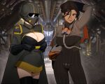  2girls 3d_background adapted_costume armor black_bodysuit black_gloves black_hair black_thighhighs bodysuit breasts brown_eyes cape capelet cleavage covered_face dark-skinned_female dark_skin dress eagle_1_(helldivers) gloves grey_cape grey_dress hand_in_own_hair helldiver_(helldivers) helldivers_(series) helmet highres holding holding_helmet hong_doo impossible_bodysuit impossible_clothes large_breasts looking_at_viewer low_neckline multiple_girls orange_capelet pilot_suit ribbed_bodysuit short_dress shoulder_armor thighhighs unworn_headwear unworn_helmet zettai_ryouiki 