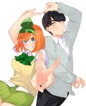  1boy 1girl :d absurdres arm_up black_hair blue_eyes blush bow breasts cardigan closed_mouth collared_shirt commentary couple cowboy_shot eyebrows_hidden_by_hair floating_hair foreshortening go-toubun_no_hanayome green_bow green_ribbon green_skirt grey_cardigan grin hair_ribbon happy hetero highres index_finger_raised index_fingers_together large_breasts long_sleeves looking_at_viewer miniskirt mojyu_saico nakano_yotsuba outstretched_arm plaid plaid_bow pleated_skirt ribbon school_uniform shirt short_hair short_sleeves simple_background skirt smile surprised sweater_vest swept_bangs uesugi_fuutarou v wavy_mouth white_background white_shirt wide-eyed yellow_eyes yellow_sweater_vest 