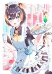  1girl :3 absurdres alternate_costume animal_ears apron black_footwear black_shirt blue_eyes brown_hair cameo cat_ears cat_girl cat_tail collared_shirt cup drinking_straw enmaided fish_hair_ornament gloves hair_ornament high_heels highres holding holding_tray kemonomimi_mode looking_at_viewer maid maid_apron maid_headdress nijisanji nijisanji_en open_mouth orange_hair pentomo_(petra_gurin) petra_gurin plate shirt short_hair skirt smile solo striped striped_skirt tail tray virtual_youtuber white_apron white_gloves zuwaineko 