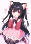  1girl :d animal_ear_fluff animal_ears black_bow black_hair black_legwear blush bow cat_ears collared_shirt commentary frilled_legwear frilled_skirt frills hair_ornament hairclip hands_up heart highres jacket long_hair long_sleeves looking_at_viewer open_clothes open_jacket open_mouth original over-kneehighs pink_footwear pink_skirt pleated_skirt red_eyes red_jacket shirt shoes sitting skirt sleeves_past_wrists smile solo thighhighs two_side_up usashiro_mani very_long_hair wariza white_shirt 
