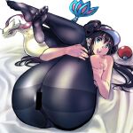  1girl ass bar_censor black_pantyhose blue_eyes breasts brown_hair censored commentary_request double_bun feet grabbing_own_breast hair_bun kamisimo_90 legs_up long_hair medium_breasts milotic nipples no_bra open_mouth panties panties_under_pantyhose pantyhose poke_ball poke_ball_(basic) pokemon pokemon_(creature) pokemon_bw2 presenting revision rosa_(pokemon) solo thighband_pantyhose thighs topless twintails underwear 