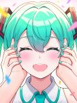  1girl 1other ^_^ aqua_hair aqua_nails aqua_necktie close-up closed_eyes collared_shirt dot_nose facing_viewer gradient_background hair_between_eyes hair_intakes hair_ornament hand_grab hatsune_miku highres holding_another&#039;s_head light_blush long_hair miku_day necktie open_mouth shirt sidelocks simple_background sleeveless sleeveless_shirt smile streamers teeth twintails upper_teeth_only uzuki_sena very_long_hair vocaloid white_background white_shirt 