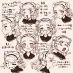  anger_vein angry eisu_(eith) expression_chart expressions forehead hairband happy harsha_(eisu) highres monochrome multiple_persona original sad simple_background surprised tears thick_eyebrows translation_request twintails yellow_background 