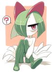  ? bags_under_eyes covering_crotch covering_privates green_hair hair_over_one_eye highres horns ino_(tellu0120) kirlia looking_at_viewer on_floor pink_background pink_eyes pokemon pokemon_(creature) sidelocks simple_background sitting spell_tag sweatdrop 