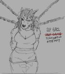 2022 anterior_nasal_aperture anthro anthrofied bone bottomwear breasts chain chain_leash character_name cleavage clothed clothed_anthro clothed_female clothing collar cuknite32 digital_media_(artwork) english_text female female_anthro front_view grey_background greyscale grumpy hair hands_behind_back horn leash lizard long_hair messy_hair monochrome monster mouth_closed non-mammal_breasts portrait reptile restrained_arms restraints scales scalie scp-682 scp_foundation sharp_teeth shirt shorts simple_background sketch skull skull_head snout solo spikes strikethrough tank_top teeth text three-quarter_portrait topwear