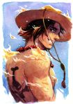  1boy attyattlaw back black_hair body_freckles fire freckles gouache_(medium) hat highres jewelry looking_at_viewer looking_back male_focus necklace one_piece orange_hat painting_(medium) pearl_necklace portgas_d._ace short_hair sky smile solo topless_male traditional_media upper_body 