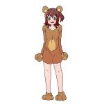  1girl animal_costume animal_ears animal_hands bare_legs bear_costume bear_ears blush brown_dress brown_footwear brown_gloves brown_hair collarbone commentary dot_nose dress embarrassed fake_animal_ears full_body gloves hair_between_eyes hair_ornament hairclip highres idolmaster idolmaster_million_live! kasuga_mirai kelvin1996c long_sleeves looking_at_viewer medium_hair open_mouth paw_gloves paw_shoes side_ponytail sidelocks solo standing thighs v-shaped_eyebrows white_background yellow_eyes 