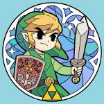 2024 blonde_hair clothing elf hair hat headgear headwear hi_res holding_object holding_sword holding_weapon humanoid humanoid_pointy_ears hylian light_body light_skin male melee_weapon nintendo not_furry rutiwa shield shirt solo sword the_legend_of_zelda toon_link topwear triforce tunic weapon wind_waker