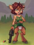 activision brown_body brown_fur brown_hair clothed clothing clothing_lift countershading demoman_(team_fortress_2) elora explosives faun_(spyro) female fur green_eyes grenade grenade_launcher gun hair hi_res humor looking_at_viewer ranged_weapon smiley_face solo spyro_the_dragon team_fortress_2 theartofsilent valve weapon