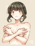  1girl blunt_bangs blush breasts covering_breasts covering_privates cropped_torso flying_sweatdrops green_hair grey_background kantai_collection looking_at_viewer miroku_san-ju nude orange_eyes signature simple_background small_breasts solo sweat takanami_(kancolle) upper_body 