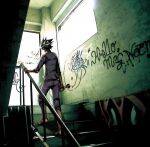  1boy biker_clothes black_hair blood blood_on_weapon facing_away fudo_yusei graffiti hand_on_railing holding holding_wrench on_stairs weapon wrench yu-gi-oh! yu-gi-oh!_5d&#039;s 
