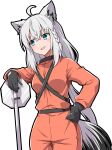  1girl animal_ears black_gloves blue_eyes collared_shirt commentary_request crossed_bangs double-parted_bangs fox_ears fox_girl gloves grey_hair hair_between_eyes hand_on_own_hip hazmat_suit highres hololive jumpsuit leaning_on_object lethal_company long_hair low_ponytail open_mouth orange_jumpsuit road_sign shirakami_fubuki shirt sideways_glance sign simple_background smile solo stop_sign transparent_background virtual_youtuber yuto_(dialique) 