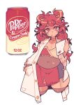  1girl absurdres breasts can choker cleavage closed_mouth coat covered_navel cropped_legs cross dr_pepper drink_can earrings english_commentary english_text garter_straps hand_in_pocket head_tilt highres holding holding_tablet_pc jewelry latin_cross long_hair looking_at_viewer medium_breasts pink_eyes plump poorsdraws simple_background solo straight-on tablet_pc thick_thighs thighs white_background white_coat yellow_choker 