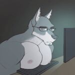 animated anthro big_pecs bouncing_pecs canid canine canis computer electronics grossy_vulpen keyboard low_res male mammal muscular muscular_anthro muscular_male pecs questionable_consent solo typing wolf