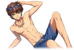  1boy arm_support arm_up armpits artist_request blue-framed_eyewear blue-tinted_eyewear blue_male_swimwear brown_hair code_geass code_geass:_lost_stories collarbone cropped_legs drawstring eyewear_on_head game_cg green_eyes grin half-closed_eyes hand_on_own_head happy highres knees_up kururugi_suzaku leaning_back looking_at_viewer male_focus male_swimwear multiple_necklaces navel non-web_source official_art pectorals short_hair sidelocks simple_background sitting smile solo stomach sunglasses swim_trunks teeth tinted_eyewear toned topless_male transparent_background wet 