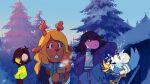  1boy 1other 2girls antlers beak berdly_(deltarune) blonde_hair brown_hair buck_teeth coffee_cup commentary cup deltarune disposable_cup earmuffs english_commentary furry holding holding_cup kris_(deltarune) matt_cummings multiple_girls noelle_holiday outdoors scarf snow striped striped_sweater susie_(deltarune) sweater teeth tree 