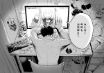  1boy 1girl betti_(maron) can character_doll choker collared_shirt commentary_request computer desk greyscale highres indoors keyboard_(computer) makaino_ririmu messy_room monitor monochrome nijisanji poster_(object) school_uniform serafuku shirt sitting smile translation_request used_tissue virtual_youtuber waving 