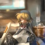  1girl alcohol beer blonde_hair blurry blurry_background closed_eyes cup dress drinking_glass grey_dress grey_footwear hair_tubes ice ice_cube mini_person minigirl monitor pixiv pixiv-tan realistic short_hair shot_glass sitting sleeping sleeping_upright solo soutasan 