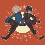  2boys arm_on_knee arm_rest arm_support black_hair black_pants blue_jacket boots closed_mouth dual_persona frown full_body gloves grey_hair hair_over_one_eye half-closed_eyes invisible_chair jacket knee_up kuga_yuuma limited_palette looking_at_viewer male_focus mikumo_squad&#039;s_uniform mnmikwt multiple_boys one_eye_covered outstretched_arm pants pants_tucked_in red_background red_eyes red_footwear side-by-side sitting smile symmetrical_pose world_trigger 