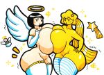 angel armwear beady_eyes big_breasts big_butt black_eyes black_hair blonde_hair blush blush_lines bob_cut breast_squish breasts butt celestial_being clothing duo elbow_gloves emoji_(race) eyelashes feathered_wings feathers female gloves hair hand_on_hip handwear hi_res huge_breasts humanoid legwear long_hair looking_at_viewer mr_ctm nude open_mouth pattern_clothing pattern_legwear pattern_thigh_highs ponytail short_hair side_view simple_background sparkles squish striped_clothing striped_legwear striped_thigh_highs stripes tan_body tan_skin thick_thighs thigh_highs white_background white_body white_clothing white_feathers white_gloves white_handwear white_legwear white_thigh_highs wide_hips winged_humanoid wings yellow_body